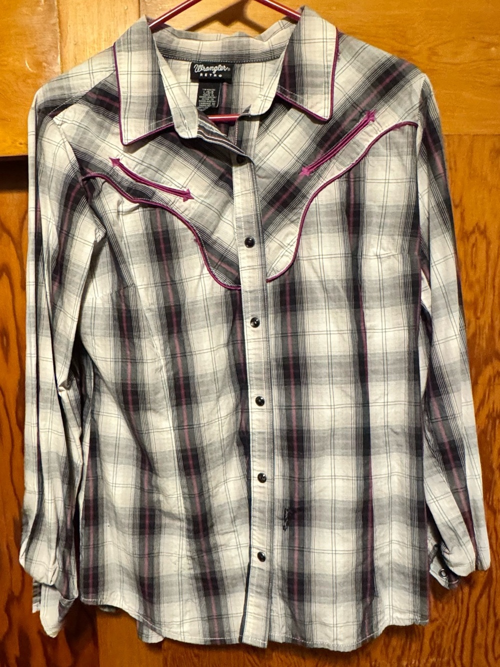 Wrangler Women’s White and Gray Plaid Button-Down Shirt with Pink Trim